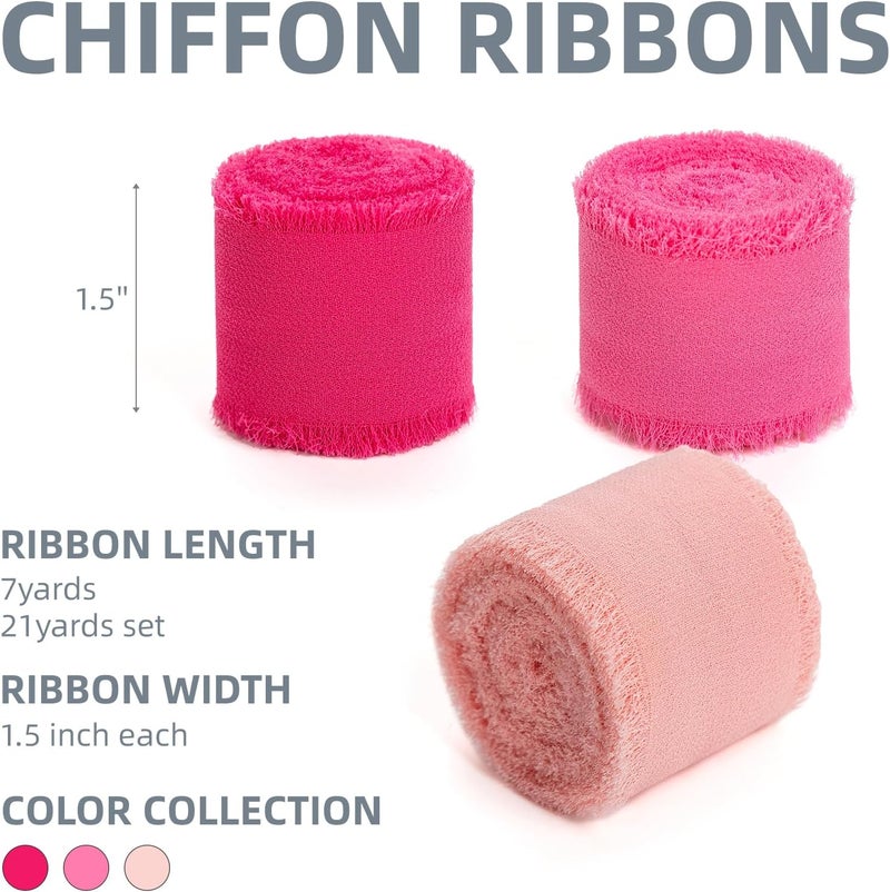 KEOSREE Hot Pink Pastel Pink Handmade Chiffon Ribbon,1.5" x 21Yd Frayed Silk Ribbons for Wreaths Bridal Flower Bouquet Christmas Gift Wrapping Wedding Decor Invitations Decorations (7Yards X 3 Rolls) - Image 2